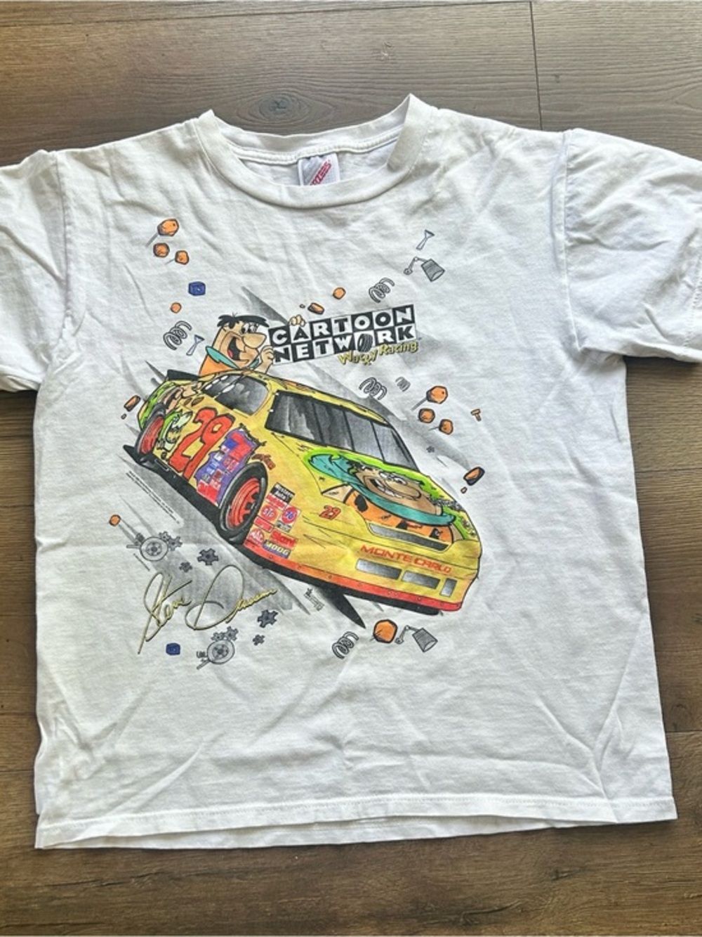 Vintage Jerzees White Cartoon Network Yellow Racing Car Kids Tee